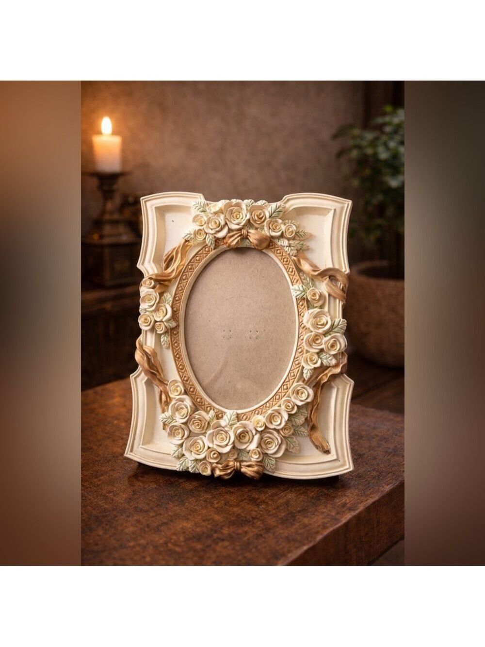 Romantic Vintage Cream & Gilt Floral Picture Frame • Ornate Roses & Ribbon Motif